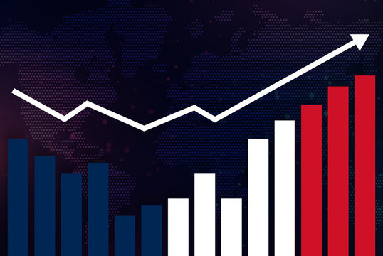 France bar chart graph with ups and downs, increasing values, France country flag on bar graph, upward rising arrow on data, news banner idea, developing country concept