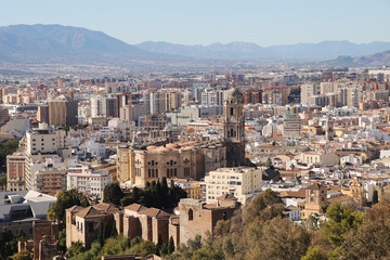 Fototapeta na wymiar The panorama of Malaga and Malaga Cathedral from Gibralfaro hill, Spain