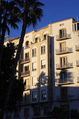 Fototapeta na wymiar Palm trees and hotels at the promenade in Malaga, Spain 