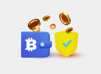 Bitcoin. Crypto concept. E-money exchange protection design with purse, shield and coins