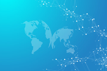 World map point with global technology networking concept. Digital data visualization. Lines plexus. Big Data background communication. Scientific illustration.