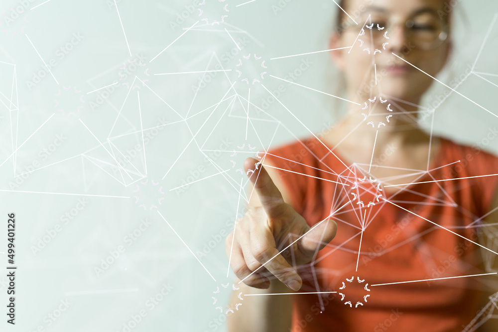 Poster Global network. Blockchain. 3D illustration. Neural networks and artificial intelligence. Abstract