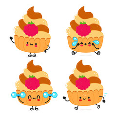 Funny cute happy cake characters bundle set. Vector hand drawn doodle style cartoon character illustration icon design. Cute cake mascot character collection