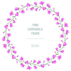 Vector round frame with pink campanulas; flower wreath for invitations, weddings, posters, banners, packaging and other design. - 499401859