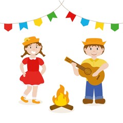 Festa junina - São João - casal dançando e tocando violão, fogueira e bandeirinhas - ilustração vetorial.
