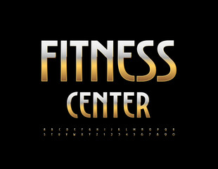 Vector elite sign Fitness Center. Gold metallic Font. Premium elegant Alphabet Letters and Numbers set