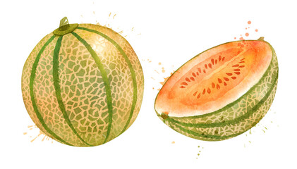Watercolor vector illustration of Melon Cantaloupe