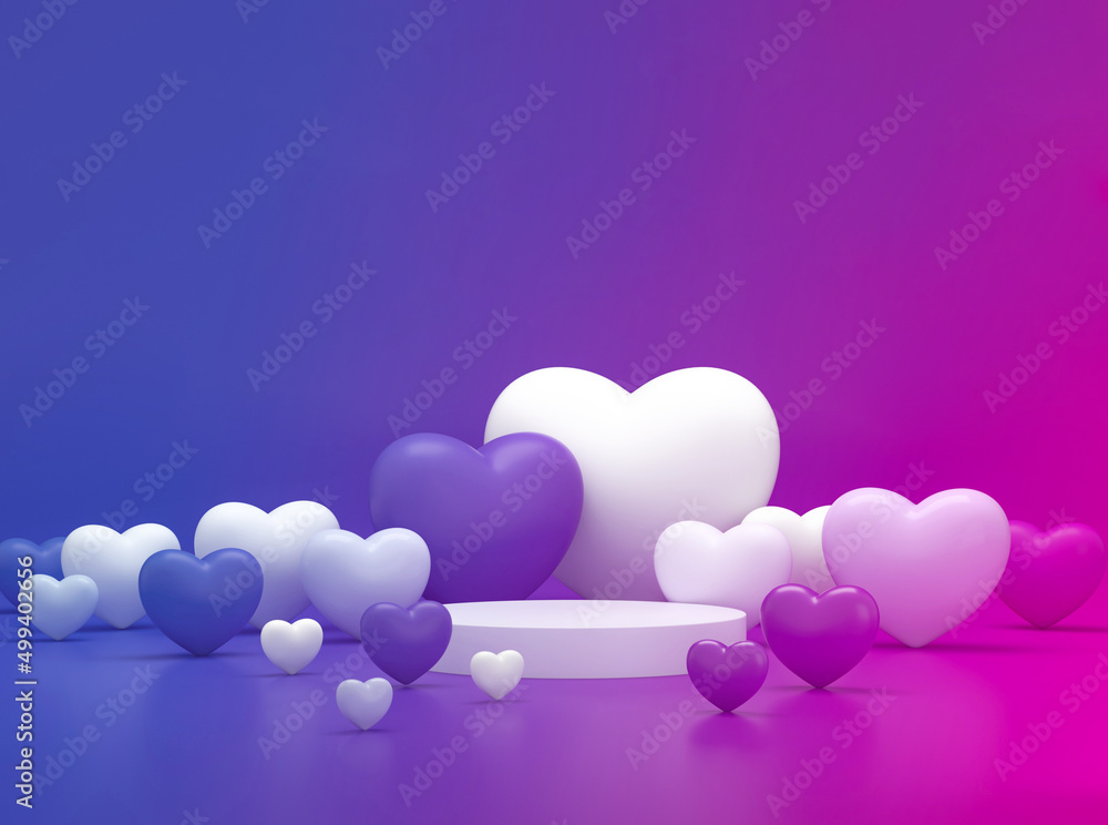 Poster podium with many hearts around on gradient studio background. empty pedestals platform.