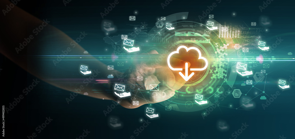 Poster touching with soft gesture multimedia screen with future technology concept