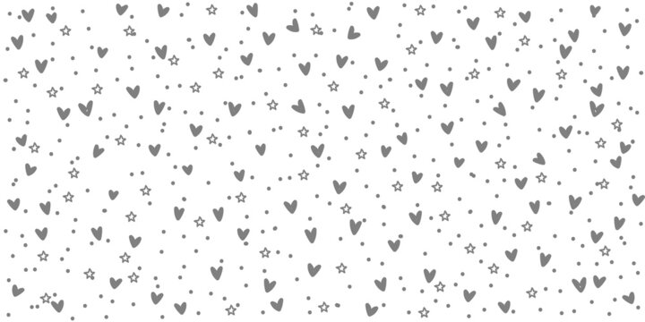 Black white pattern background with stars hearts and dots, vector drawing