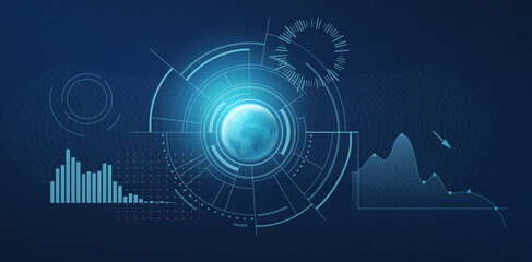 Interface design. Futuristic background with Earth planet, World map, techno screen elements and light effects.