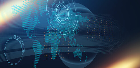 Interface design. Futuristic background with Earth planet, World map, techno screen elements and light effects.