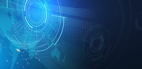 Interface design. Futuristic background with Earth planet, World map, techno screen elements and light effects.