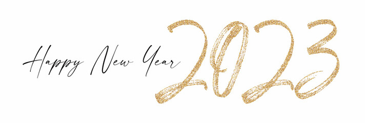 Happy new 2023 year Elegant gold glitter text with light. Minimal text template - obrazy, fototapety, plakaty