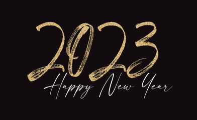 Happy new 2023 year Elegant gold glitter text with light. Minimal text template