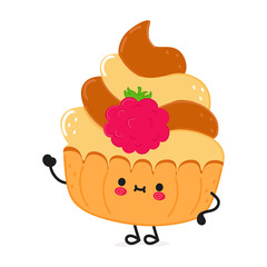 Cute funny cake waving hand character. Vector hand drawn cartoon kawaii character illustration icon. Isolated on white background. cake character concept