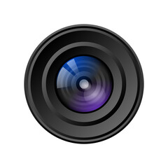 Realistic camera lens with lens flare. Photography aperture and shutter speed concept. DSLR or mirrorless camera. Blue and purple glass effect with transparency. Vector illustration, flat, clip art. 