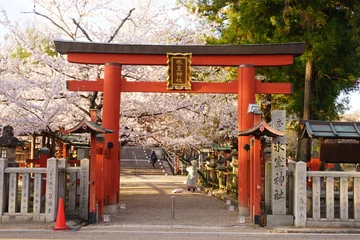 Fleecedeken met foto Kersenbloesem Torii of Himuro-jinja or Shrine and Pink Cherry Blossom in Nara, Japan - 日本 奈良県 氷室神社 鳥居 桜の花  © Eric Akashi