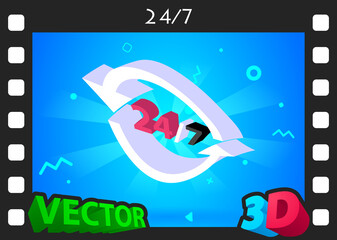 24/7 isometric design icon. Vector web illustration. 3d colorful concept