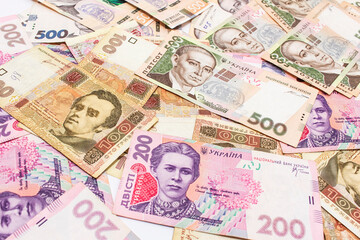 New banknotes with a face value of hryvnia. Money background. Ukrainian money. Business concept.