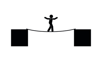 tightrope walker illustration, isolated vector icon, man takes risks, human silhouette walks over an abyss