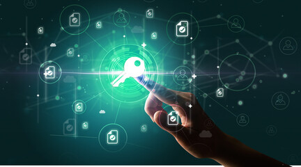 Businessman hand pressing stock graphic information on multitouch screen