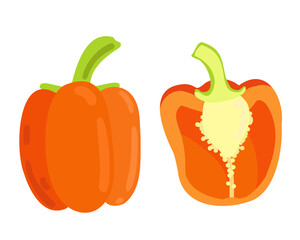 Vector illustration of a sweet pepper. Whole vegetable and cut round. Suitable for any designs and decorations related to organic food, vegetarian, vegan and garden.