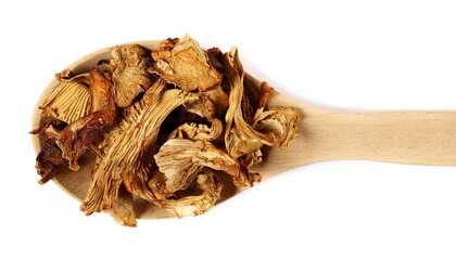 Dried chanterelle mushroom in wooden spoon, (Cantharellus cibarius) isolated on white, top view