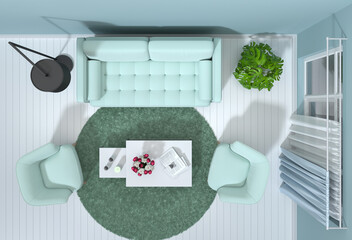 top view of interior living room. 3D render