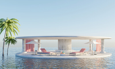 3D rendering of accommodation with sundeck on sea view for vacation.