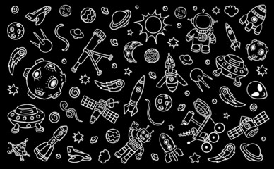 Hand drawn astronomy doodle icons. Cosmic objects set. Rockets planets, ufo stars and telescope. Space collection on black background