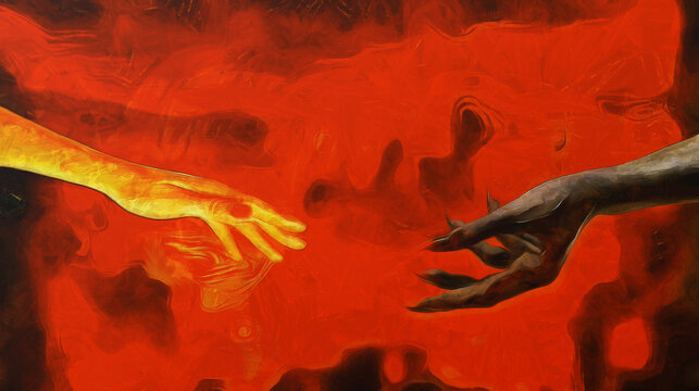 Woman and Demon, hands reaching out to each other. Artistic work on the theme of hell