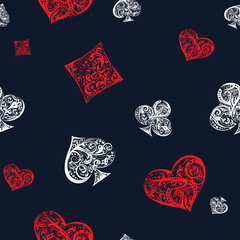 Vector seamless pattern with rambling Playing Card suits symbols made by floral elements. Illustration in red, white and black colors for casino banner, poker background, gambling design, label