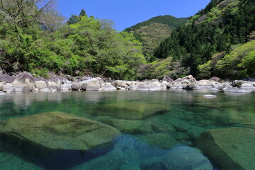 奈半利川　美しい河原　春　（高知県　北川村　堀ヶ生沈下橋）