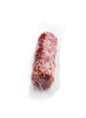 Packed dry salami isolated on white background