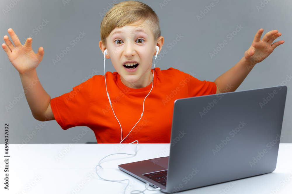 Wall mural a boy with a laptop for online learning spread his arms to the sides