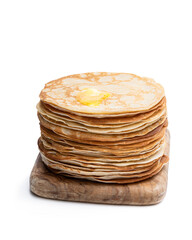 Stack of thin pancakes isolated on white