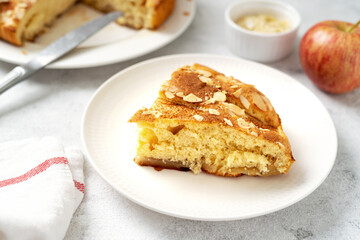 A piece of apple pie on a white plate on a light culinary background. Pie with charlotte on a platter closeup. Delicious homemade pastry on the kitchen table	