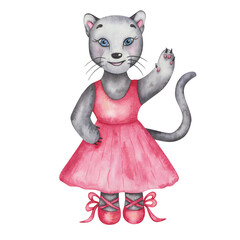 Watercolor illustration of hand painted grey, black panther cat. Girl in dance studio in pink dress, ballet shoes. Cartoon animal character. Isolated clip art for children fabric textile print, poster © Olga Sidelnikova