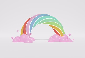 3D rendering of colorful pastel clouds and rainbow with empty space for kids or baby products. Sweet candy background.