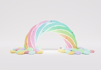 3D rendering of colorful pastel clouds and rainbow with empty space for kids or baby products. Sweet candy background.