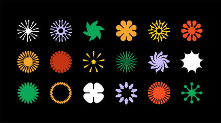 Fototapeta na wymiar Set of simple vector objects of unusual shapes in a modern brutalism style, figures of the sun, flowers and stars. 