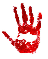 An imprint of a bloody palm with a map of Ukraine inside on a white background. The concept of war...