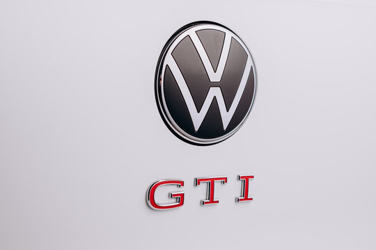 Vinnitsa, Ukraine - June 01, 2021.  Volkswagen Golf 8 GTI - new model car presentation in showroom - logo