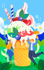 Summer ice cream treat, character jumping next to food, vector illustration