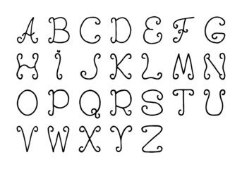 Calligraphic English alphabet in doodle style. Freehand drawing. Sketch. Hand Drawn.