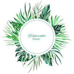 Watercolor round troical frame on white background. Troical leaves design
