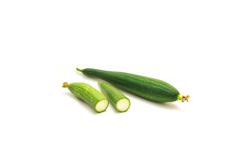 Organic whole luffa (smooth sponge loofah) fruit with two half cuts isolated on white background