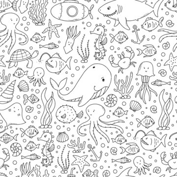 monochrome seamless pattern decorated with sea doodles, elements. Good for prints, posters, cards, wrapping paper, coloring pages, scrapbooking, textile, wallpaper, etc. EPS 10