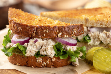 Tuna salad sandwich cut in half